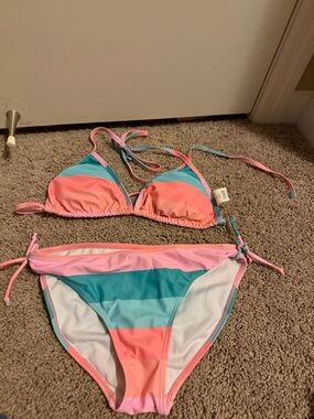 Snapper Rock Girls' Coral Pink & Teal Stripe Bikini